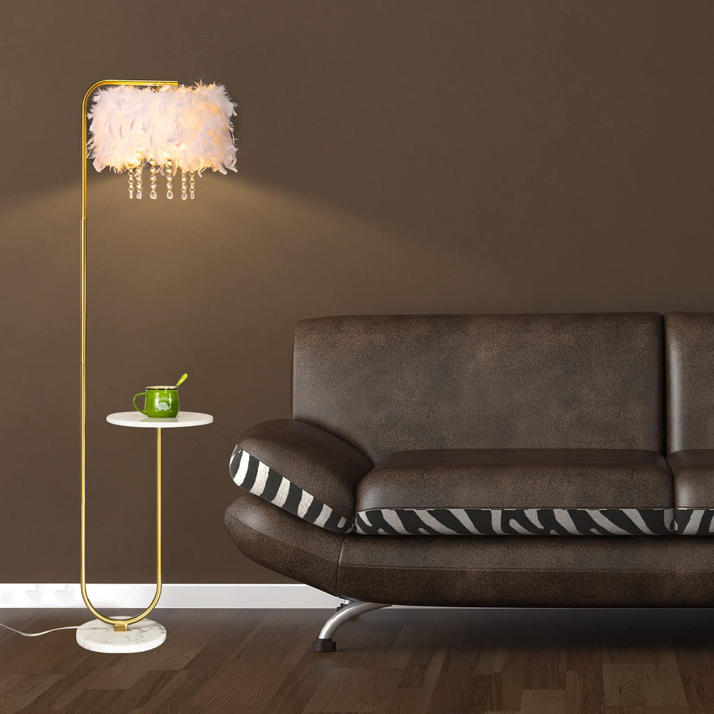 Inspired Arco Style Unique Led White Feather Floor Lamp with Tray, Ostrich Feather Stand Lamp, Living Room Bedroom Office Shop Window