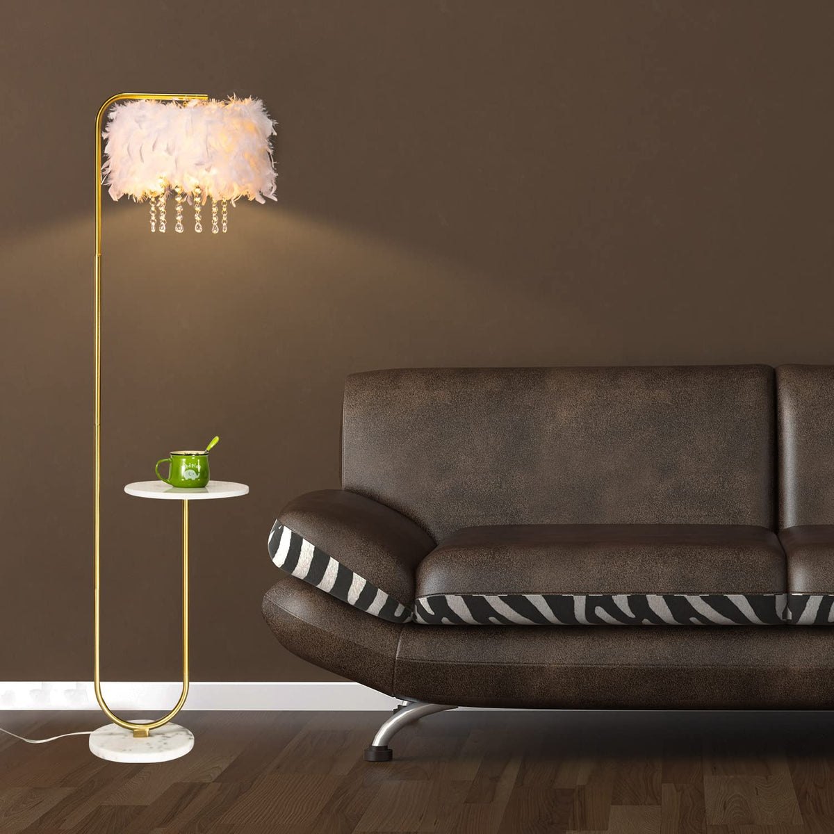 Inspired Arco Style Unique Led White Feather Floor Lamp with Tray, Ostrich Feather Stand Lamp, Living Room Bedroom Office Shop Window