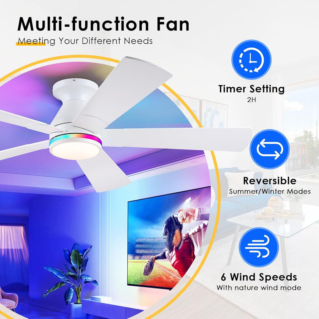 52" White Flush Mount Ceiling Fan with Light & Remote