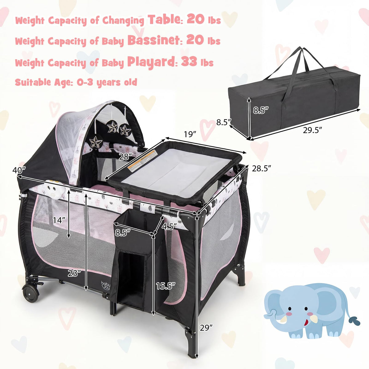 4 in 1 Play Yard, Portable Baby Playard with Bassinet, Adjustable Canopy, Changing Table, Lockable Wheels