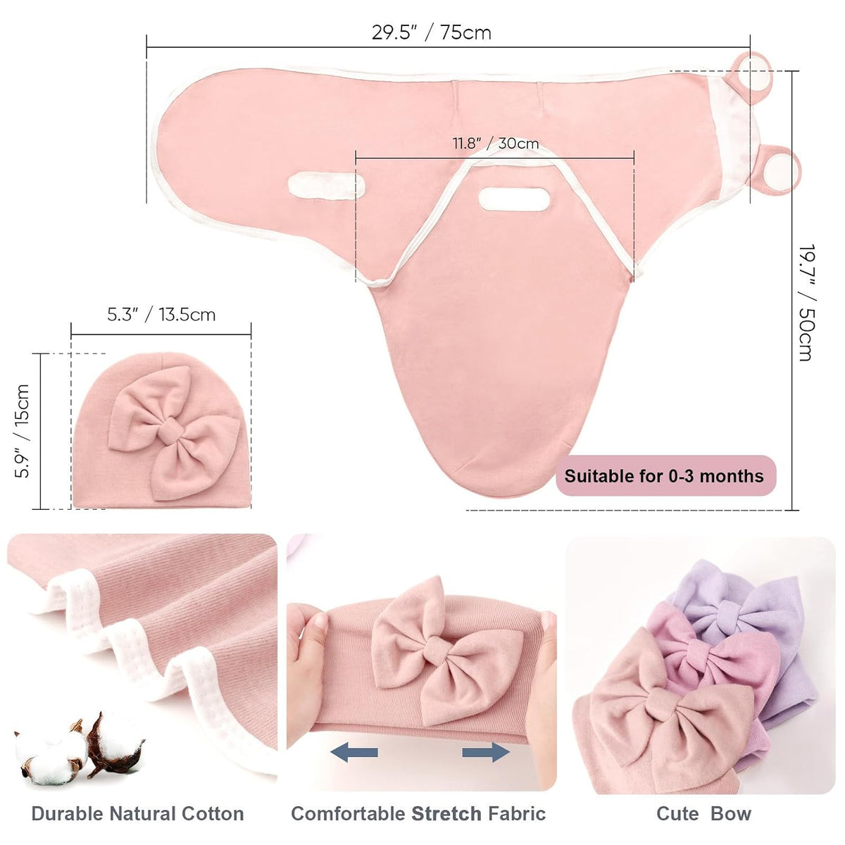 3 Pack Baby Swaddle Blanket with Hats Infant Adjustable Velcro Swaddling Wraps with Bear Ears Cap for 6-12