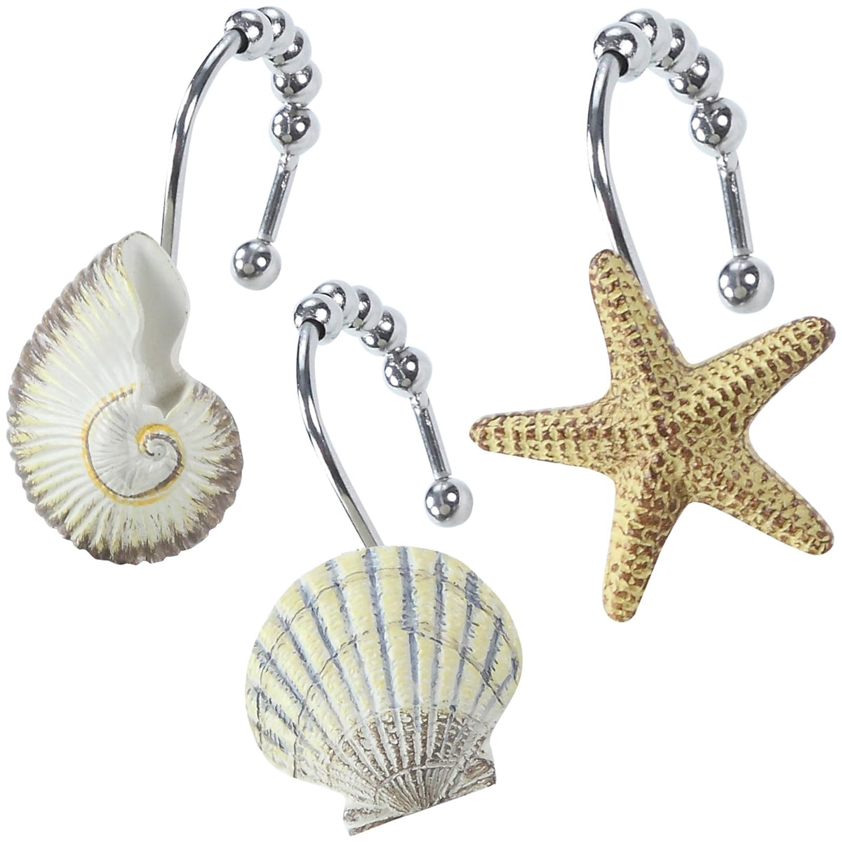 Coastal Seashell Shower Curtain Hooks, Under the Sea Beach Starfish Bathroom Shower Curtain Hooks Rust Proof, 5