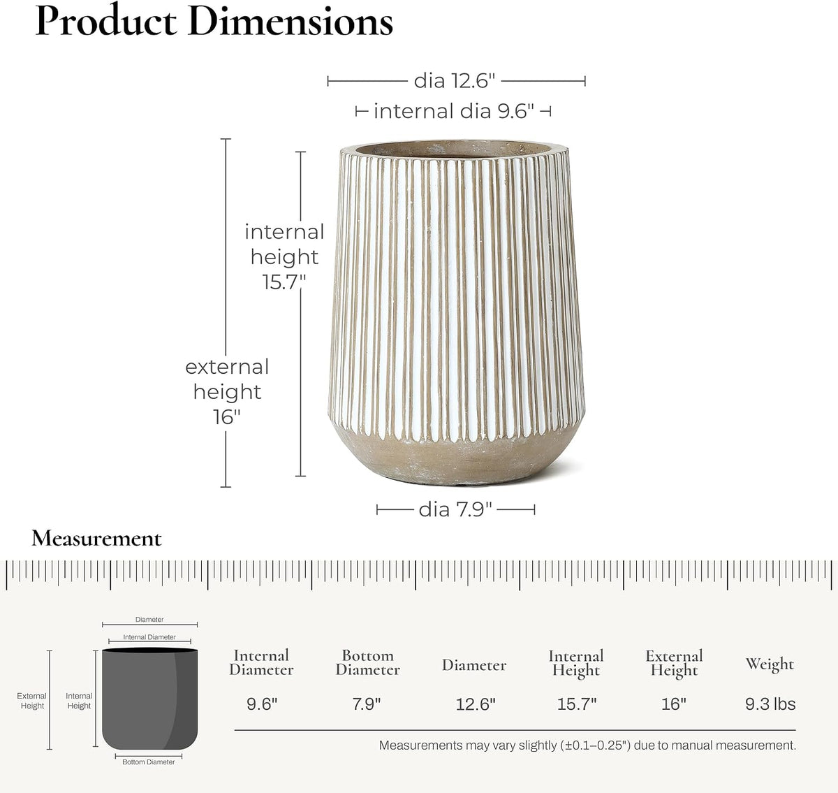 16.1" H Concrete Tall Planter, Large Outdoor Indoor Plant Pot | Drainage Hole with Rubber Plug, Round