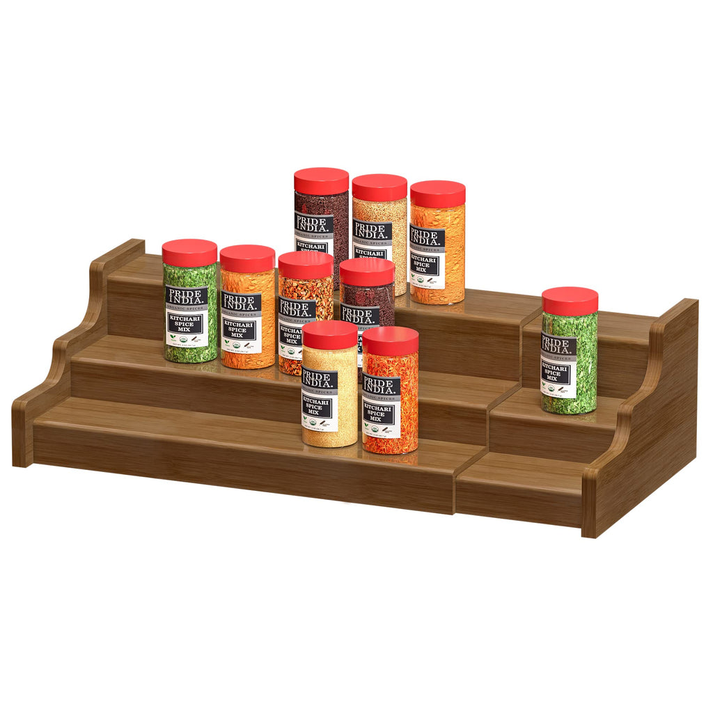 Bamboo Spice Rack Cabinet Organizer - 3 Tier Wooden Expandable Walnut Display Shelf