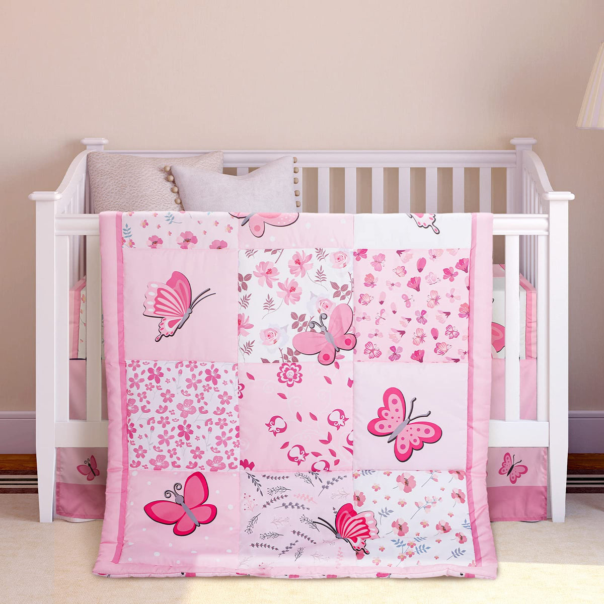 3 Pieces Butterfly Baby Crib Bedding Set for Girls, Pink