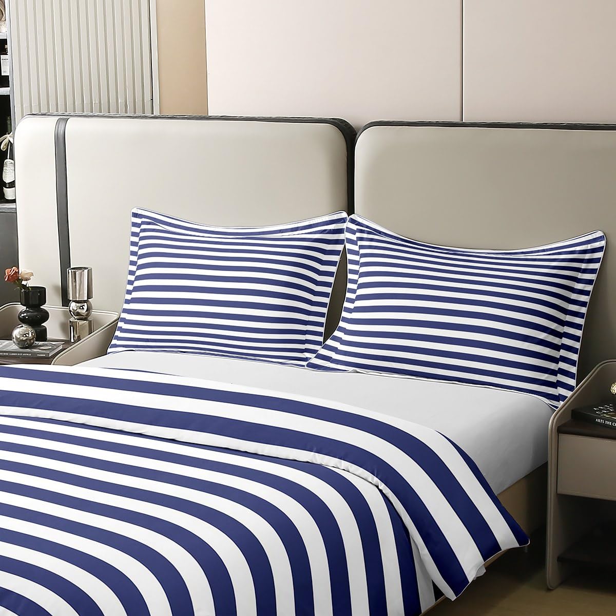 100 Percent Cotton Navy Blue Stripe Duvet Cover White Geometric Ticking Stripes Comforter Cover Farmhouse