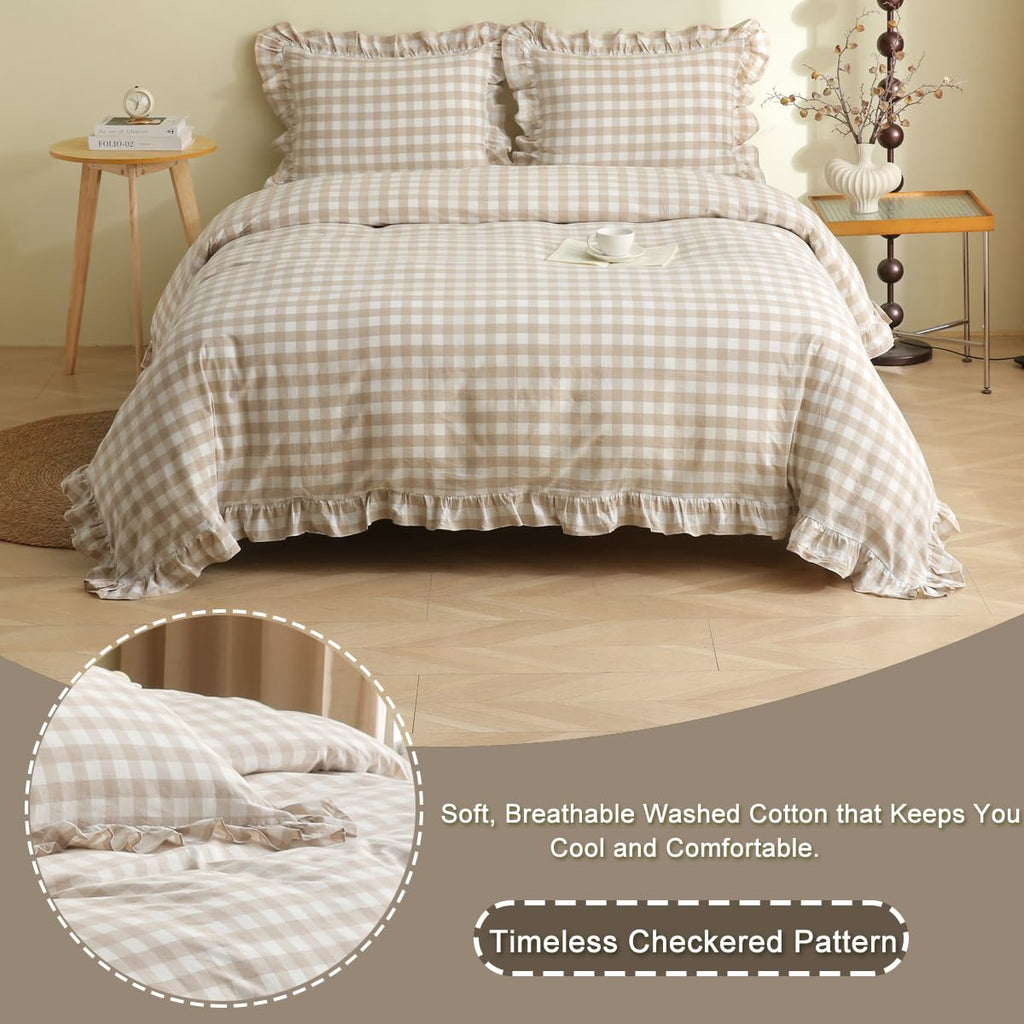 Tan Gingham Plaid Ruffle 3-Piece Duvet Cover Set