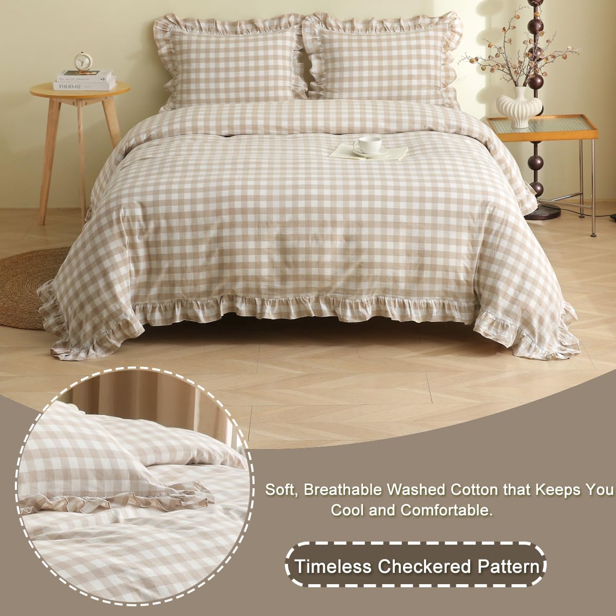 Tan Gingham Plaid Ruffle 3-Piece Duvet Cover Set