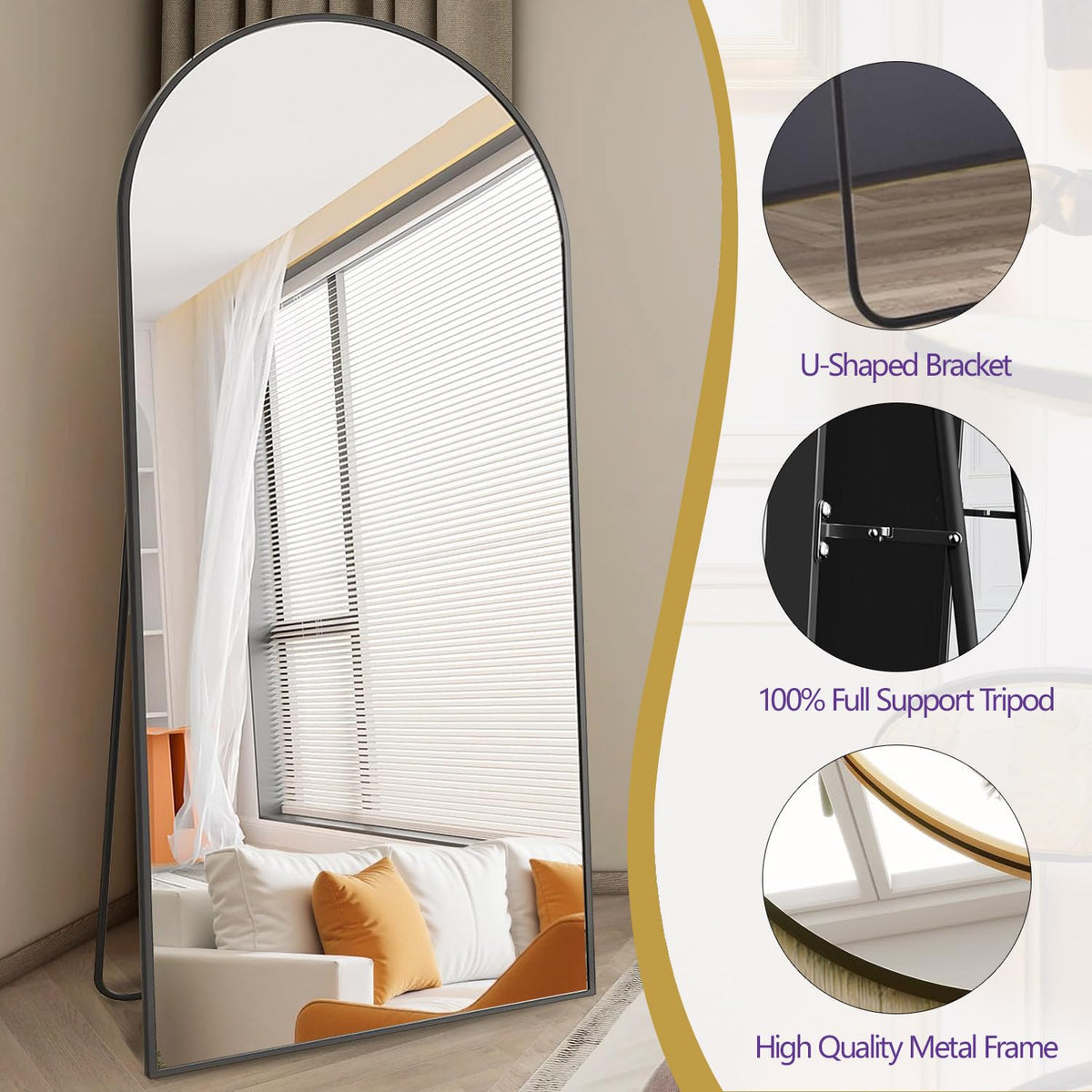 Arched Full Length Mirror, 70"x26" Free Standing Floor Mirror, Black