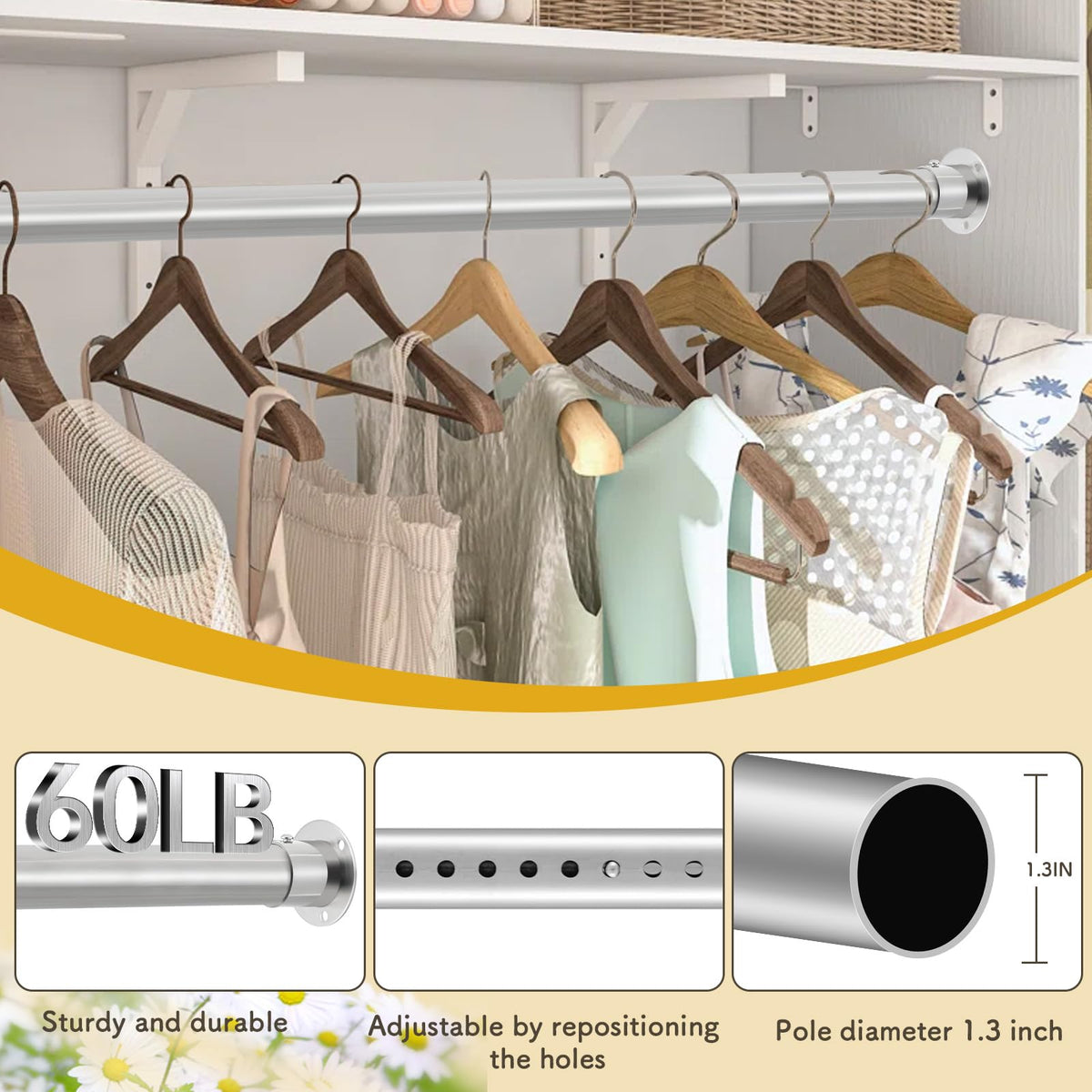 Silver Closet Rod,17 to 110 Inch,1.3 Inch Closet Rods for Hanging Clothes