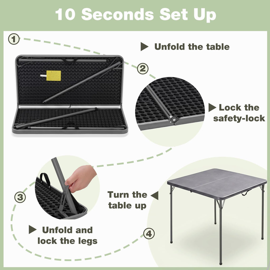 34" Square Folding Table for 4 Person, 330lbs Weight Capacity Foldable Table with HDPE Tabletop & Heavy-Duty Steel