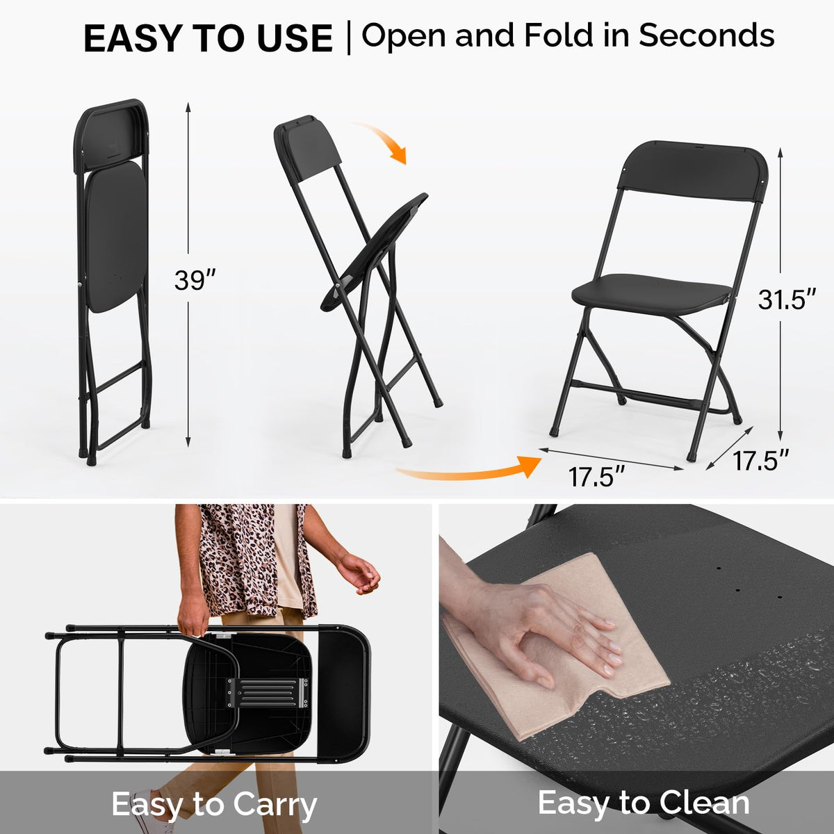 20 Pack Black Plastic Folding Chair, Indoor Outdoor Portable Stackable Commercial Seat with Steel Frame 350lb.