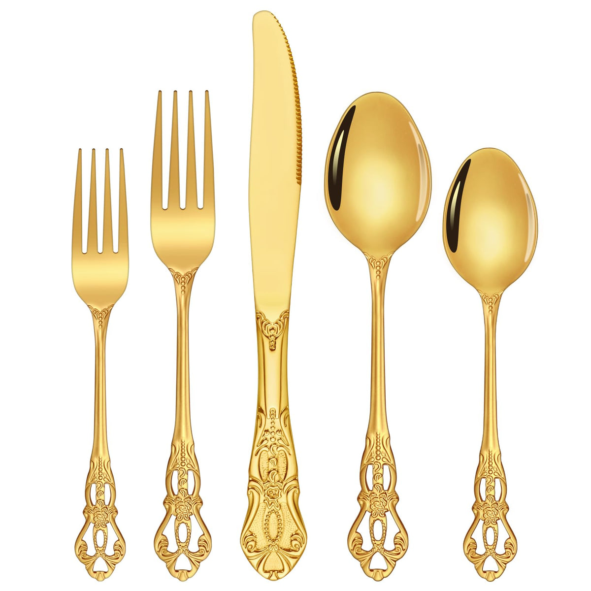 Gold Silverware Set, 20-piece Vintage Silverware Set for 4 with Stainless Steel Knives Spoons Forks Retro Royal