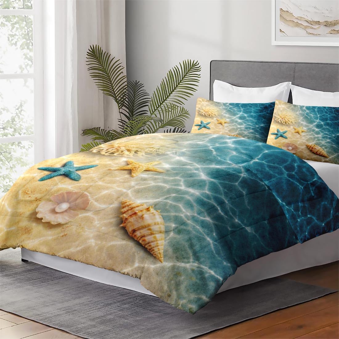Comforter Set, 3 Pieces Beach Ocean Bedding, All Season