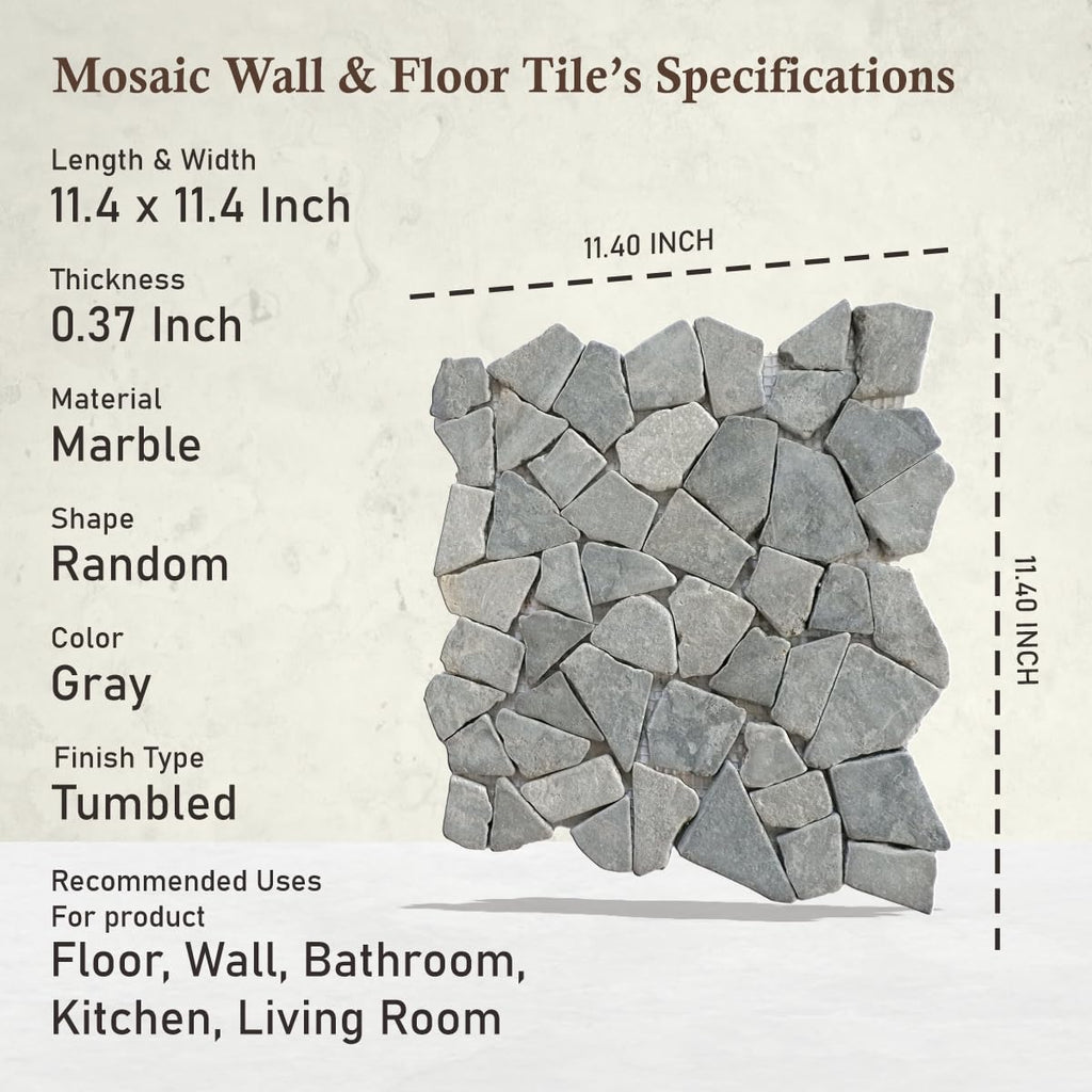 Ash Grey Random Mosaic, Tumbled Stone Back Splash Tiles Walls, Shower and Bathroom Floors, and Outdoor Areas (11.4" X