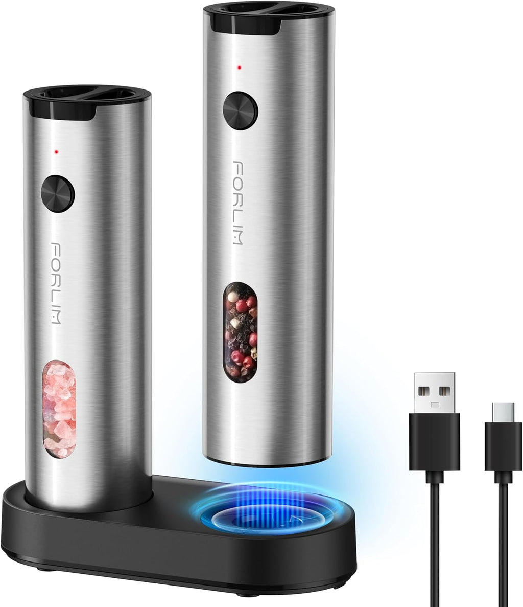 Electric Salt and Pepper Grinder Set Rechargeable, Auto Salt and Pepper Grinder set with Charging Base, Adjustable - Set of 2