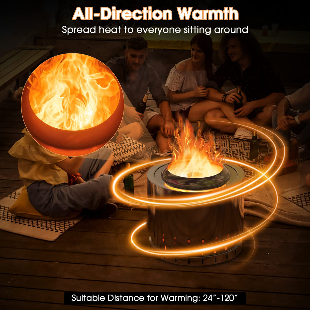 Wood Burning Smokeless Fire Pit for Outside, 19.5" Stainless Steel Bonfire Stove w/Protective Cover & Ash Pan