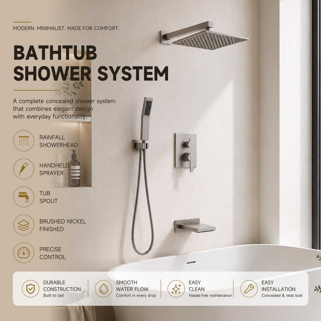Shower System with Tub Spout, All Metal Bathtub Shower Faucet Set with High Pressure 10 Inch Rain Shower Head