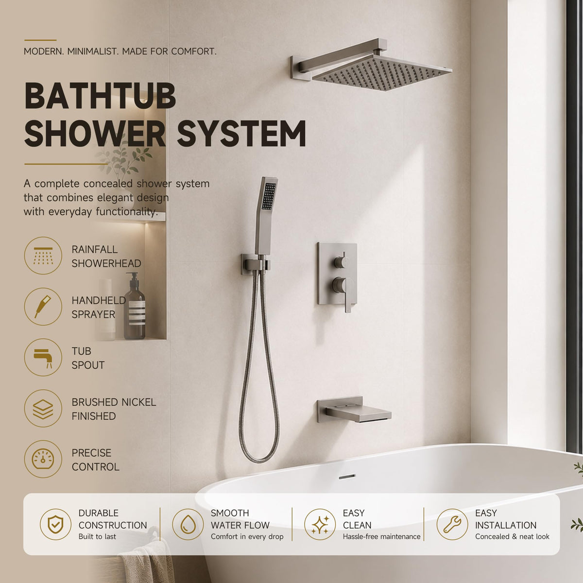 Shower System with Tub Spout, All Metal Bathtub Shower Faucet Set with High Pressure 10 Inch Rain Shower Head