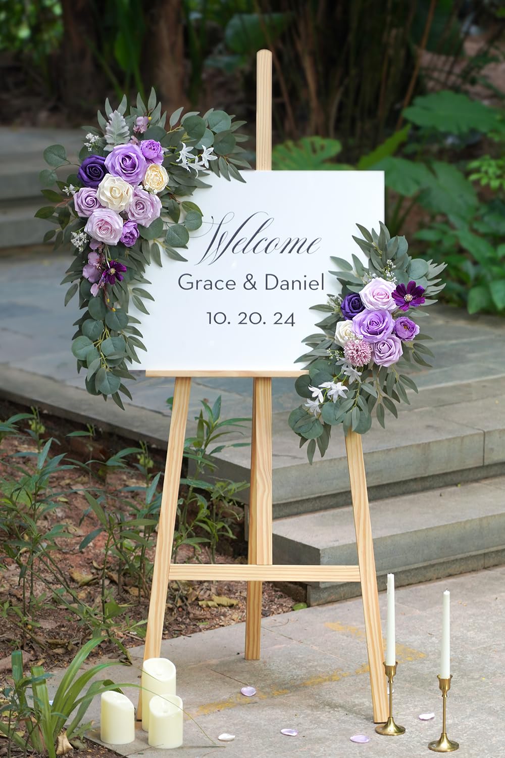 Faux Flower Swag Set of 2 for Wedding Welcome Signs Floral Decorations, Purple Wedding Arch Flowers for Wedding
