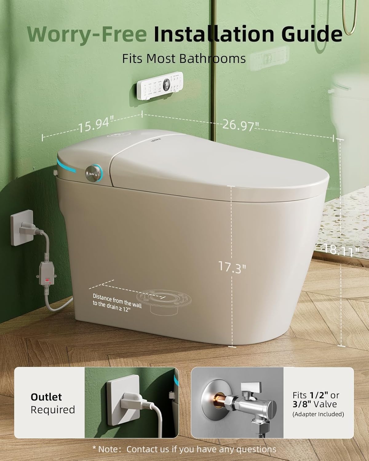 Smart One-Piece Toilet with Built-In Bidet, Auto Open and Close Lid, Dual Flush, Heated Seat, Remote Control, Built-In Tank, Foam System, Warm Air Dryer