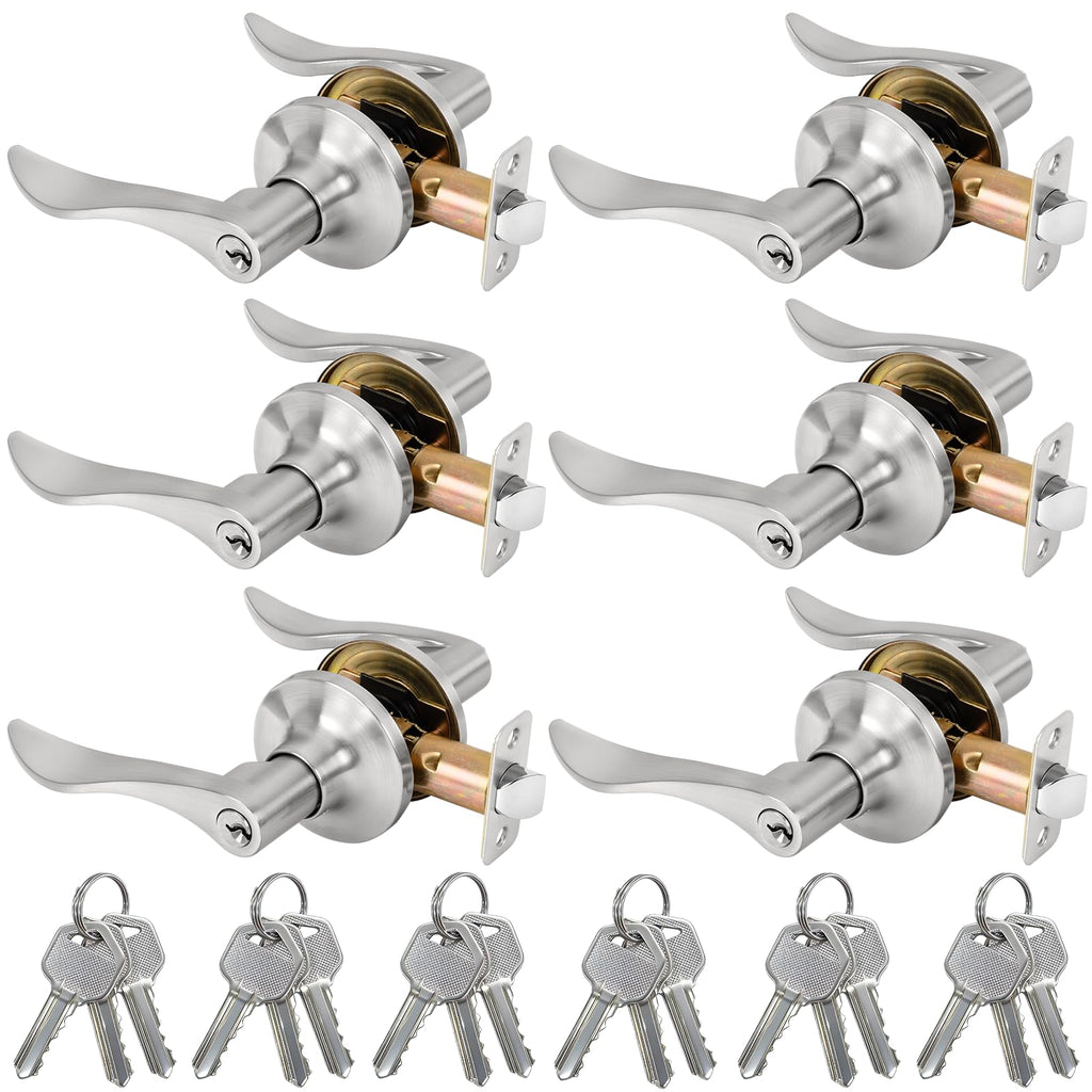 Keyed Entry Door Lever, Door Handle with Lock and Key, Exterior & Interior Door Handle , Wave Style Lever Satin