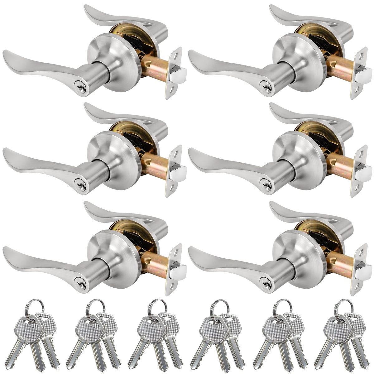 Keyed Entry Door Lever, Door Handle with Lock and Key, Exterior & Interior Door Handle , Wave Style Lever Satin