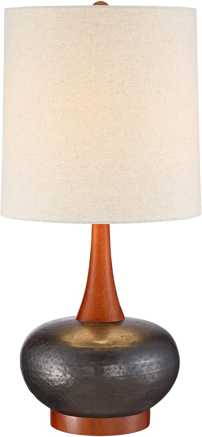 Andi Mid Century Modern Table Lamp 24.5" High Hammered Bronze Ceramic Wood Off White Tall Drum Shade Bedroom House
