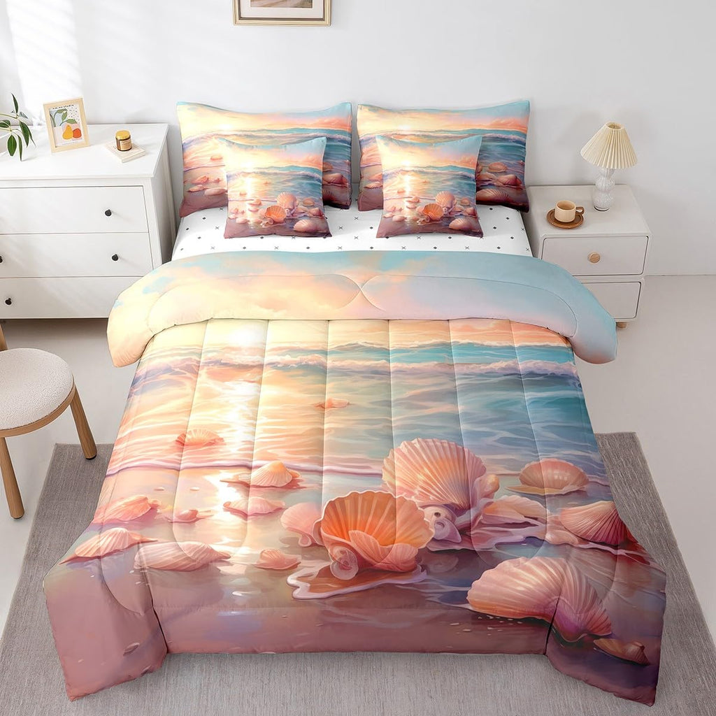 Ocean Bedding Sets 7-Piece Tropical Hawaii Comforter Set Hawaii Beach Comforter Set with Sheets Seashell Conch