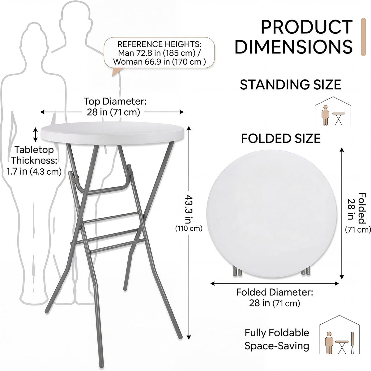 2-Pack 28 Inch Round Folding High Top Cocktail Tables with Dual Black Tablecloths, Portable Bar Height Bistro Set