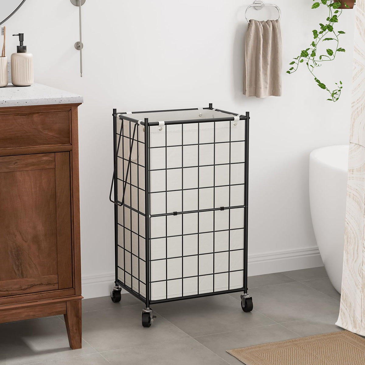 Rolling Laundry Basket, Metal Wire Frame Laundry Hamper with Wheels