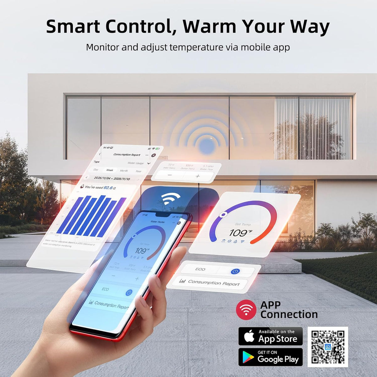 Tankless Water Heater Propane, 199, 000 BTU, Indoor Installation, Max 10.3 GPM, WiFi&APP Control