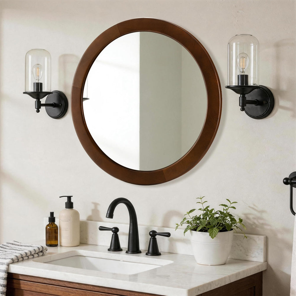 Round Mirrors 28 Inch,Wood Vanity Wall Rustic Mirror With Walnut Frame