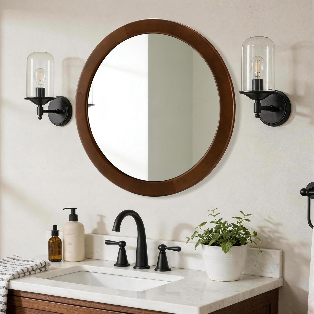 Round Mirrors 28 Inch,Wood Vanity Wall Rustic Mirror With Walnut Frame