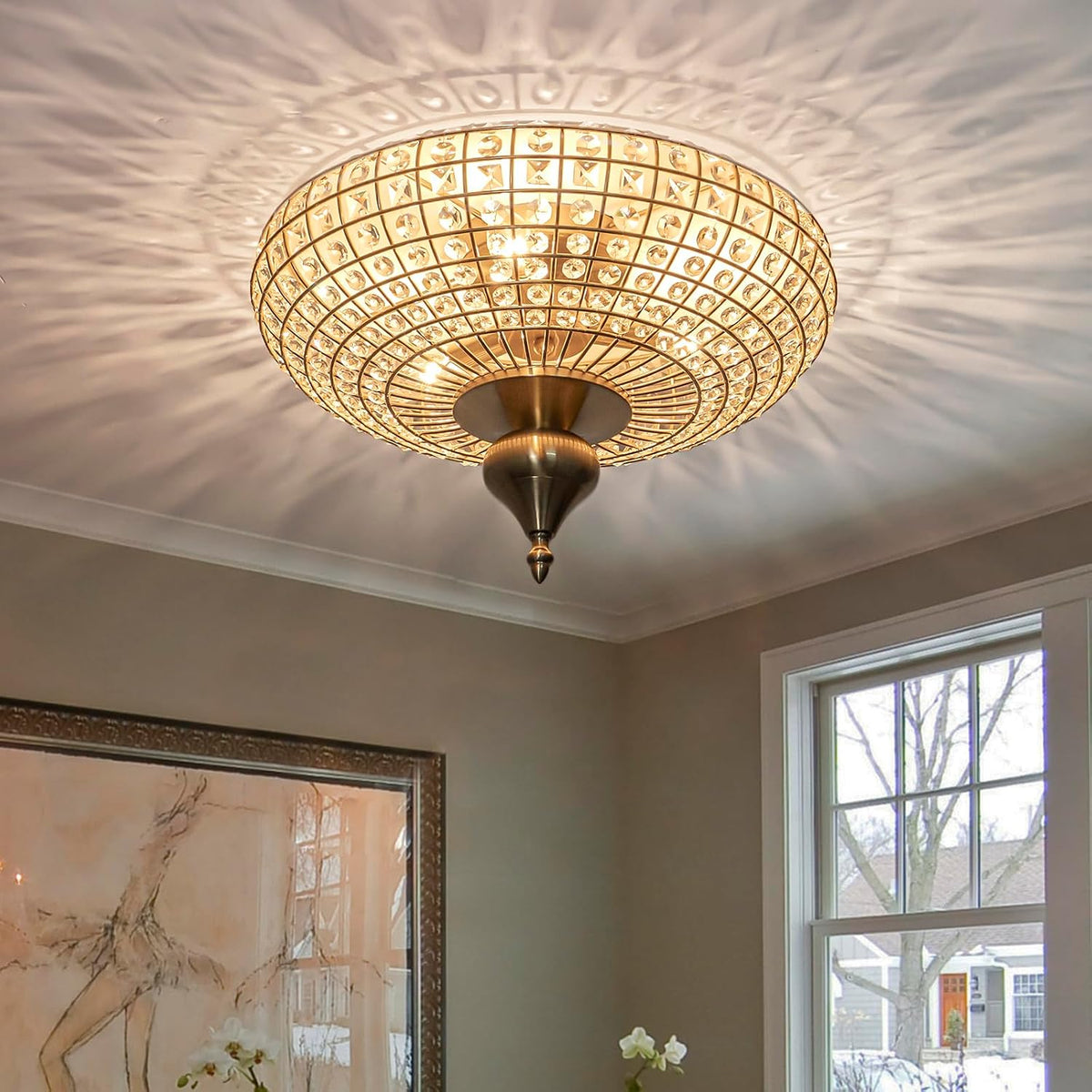 Three-Light Vintage Semi-Sphere Crystal Ceiling Light, Beaded Dome