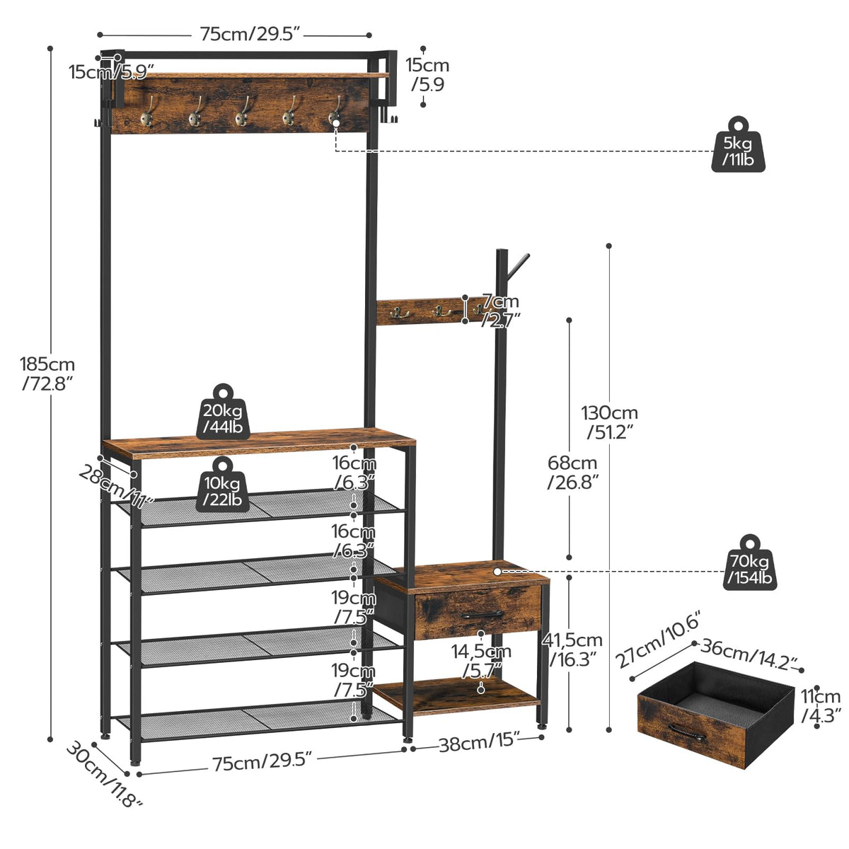 Hall Tree, Entryway Coat Rack Shoe Bench, Shoe and Coat Rack, Hall Tree Coat Rack, with Non-Woven Fabric Drawer, for