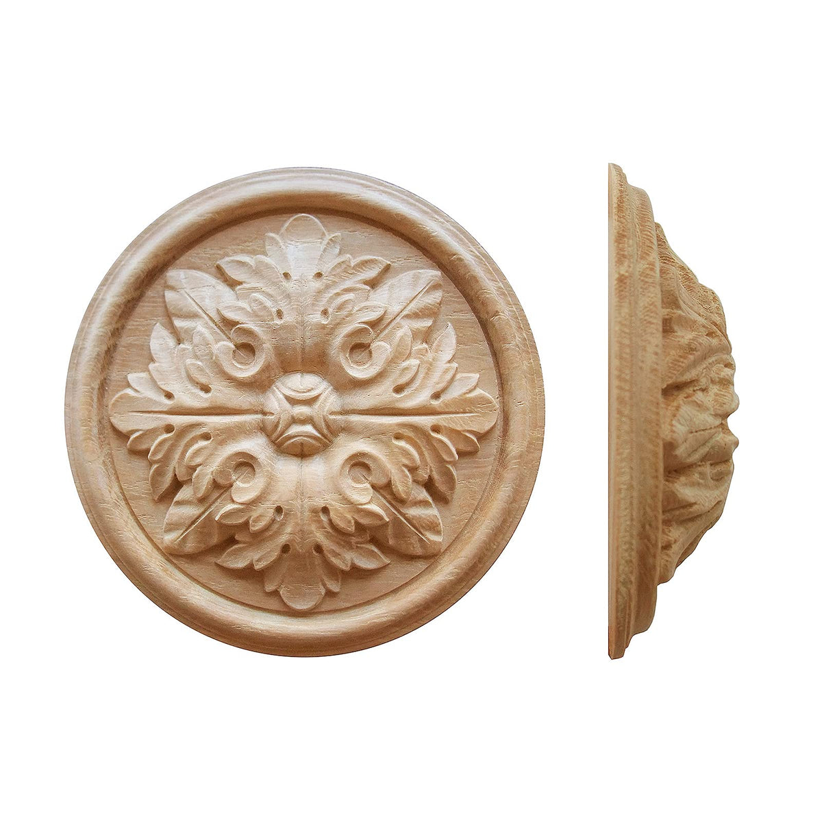 2PCS Wood Carved Rosette Applique Deeply Carved 3" Leaf Round Onlay for Door, Cabinet, Fireplace Mantel, and