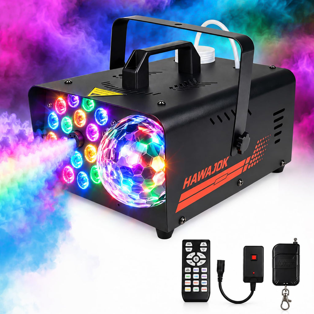 Fog Machine, Output Smoke Machine with Disco Ball Lights, 18 Color LED Effects, Wireless Remote