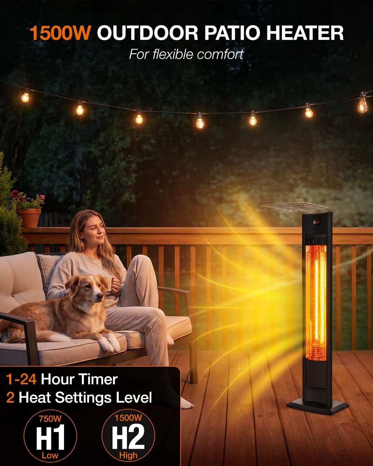 38.5'' in Electric Patio Heater, 1500W Infrared Standing Heater, Portable Outdoor Space Heater, Backyard and Garage