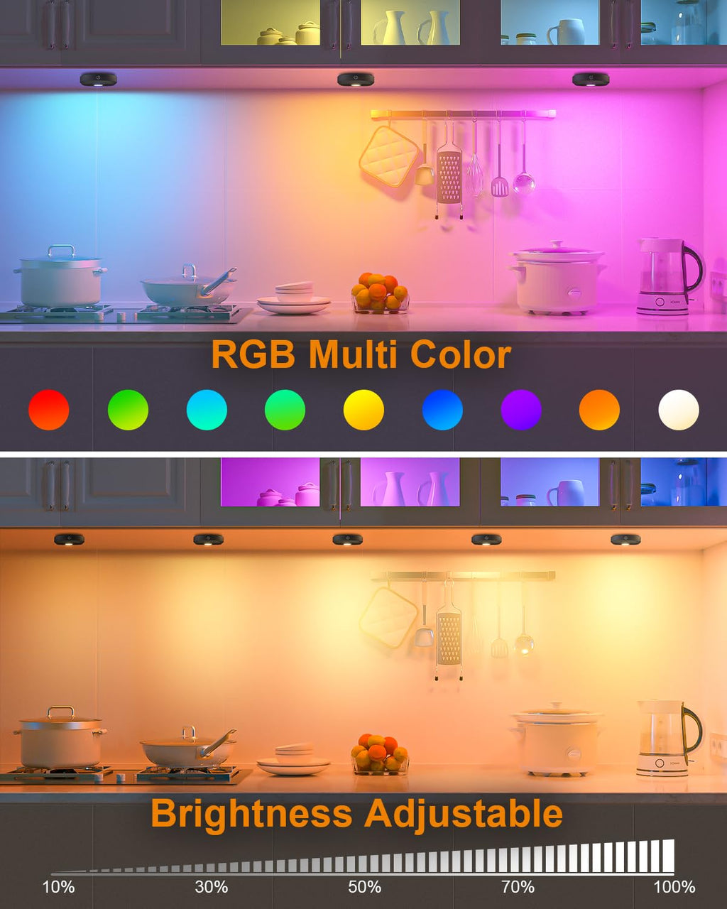 RGB Under Cabinet Lights,Rechargeable Puck Lights with Remote Control, Wireless Push Light with Timer