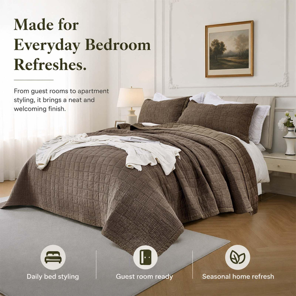 Natural Cotton Quilt 120x128 Breathable Waffle Coverlet Bedspread Sets 3-Piece with 2 Comfy