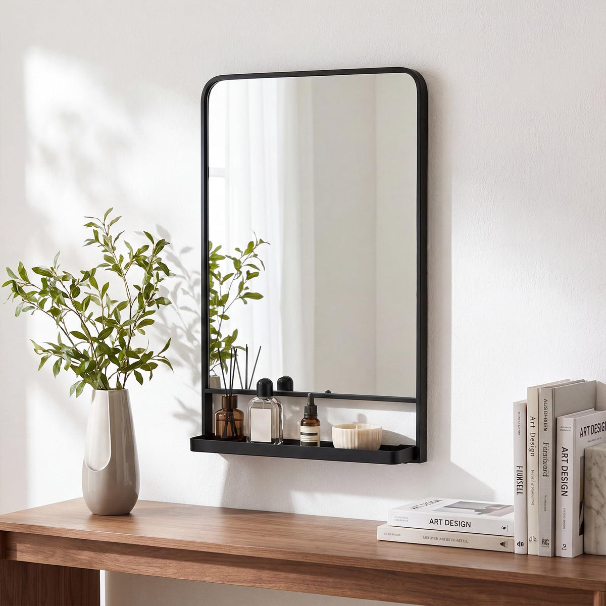 28x18 Inch Bathroom Mirror with Shelf, Black Metal Frame, 2 in 1