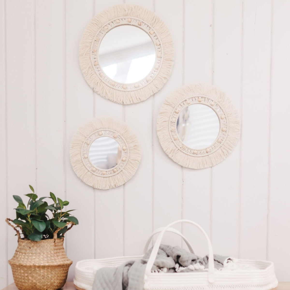 Willow 3-Piece Mirror Macrame Wall Hangings - Handcrafted, Decorative Nursery Accessory