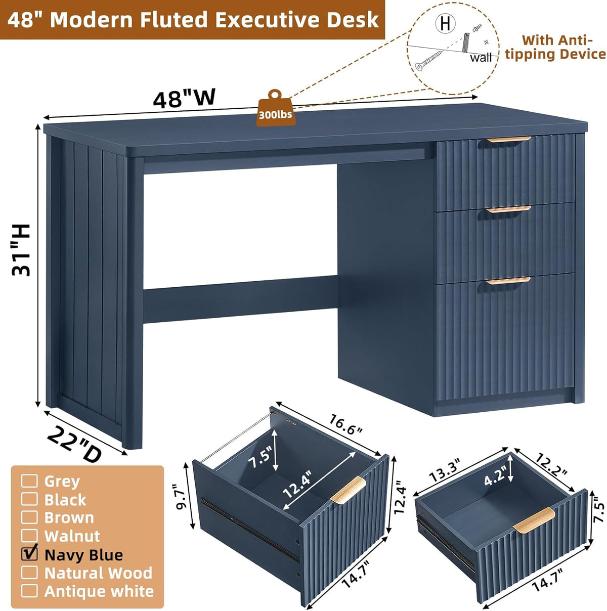 Office Desk 48" with 3 Drawers Storage File Cabinet Wood Fluted Desk for Computer Office Bedroom Home Furniture Blue