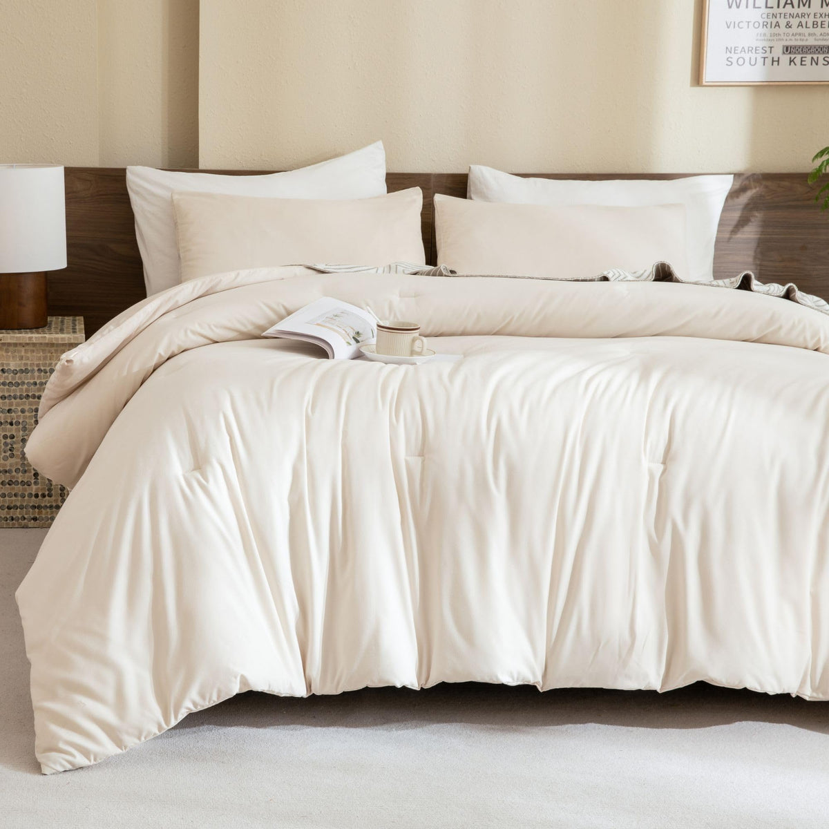 Beige Comforter Set King Size, Cream 3 Pieces Comforter Set, Lightweight Solid Neutral Bedding Set, All Seasons Soft