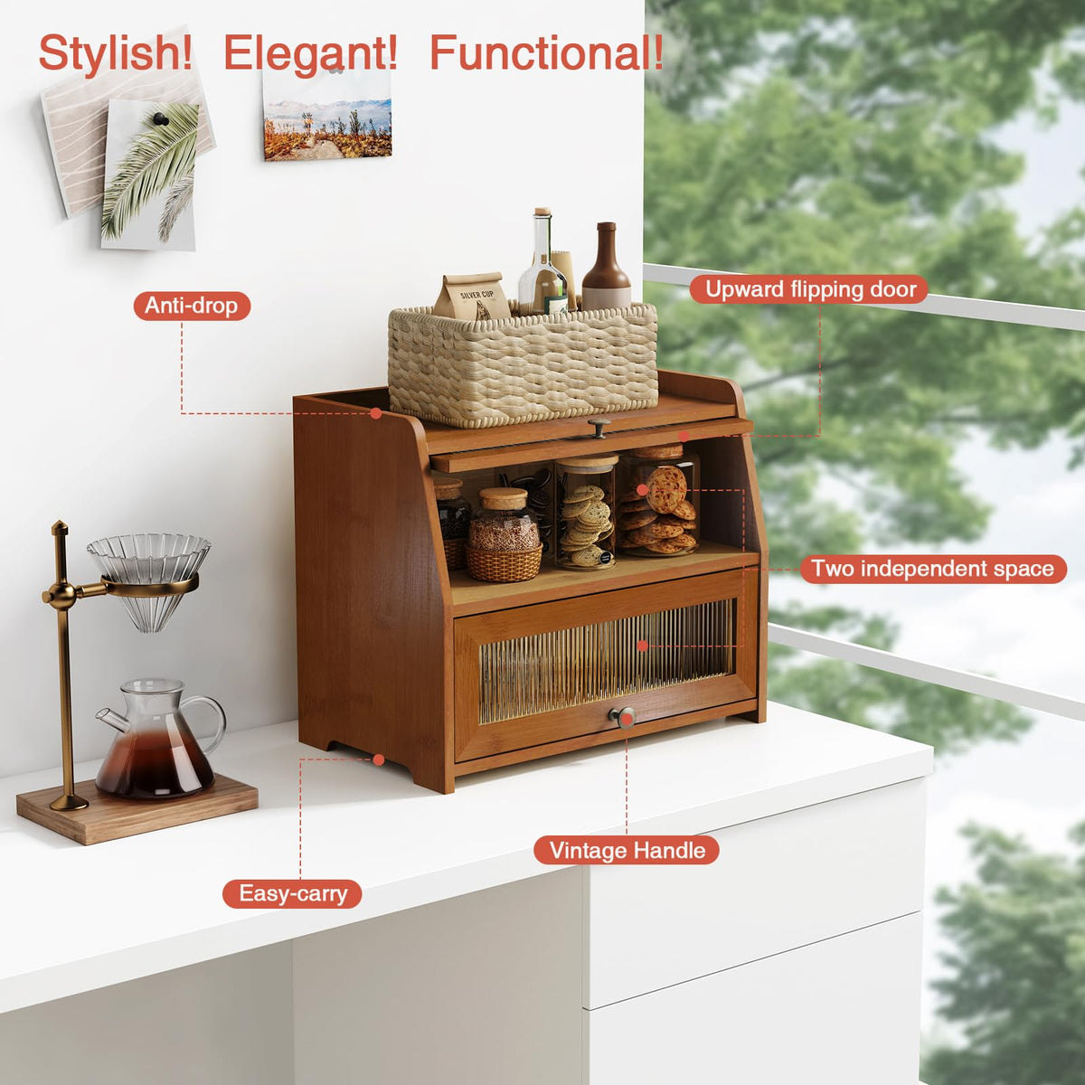 Wooden Countertop, Dark Wood Bread Storage Container made Bread, 2 Tier Roll Top Breadbox Holder Keeper for Sourdough
