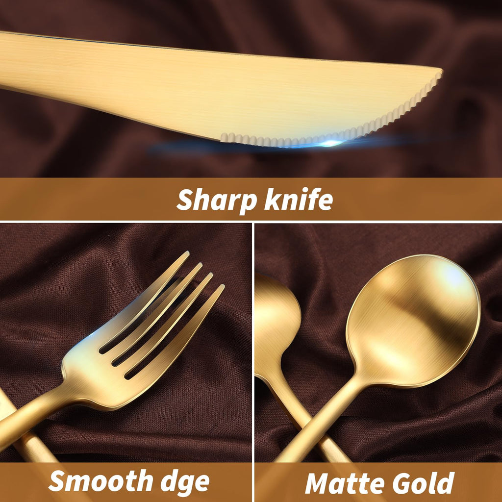 20-Piece Gold Silverware Set for 4, 18/10 Stainless Steel Flatware with Thick Spoons and Forks, Matte Golden Cutlery