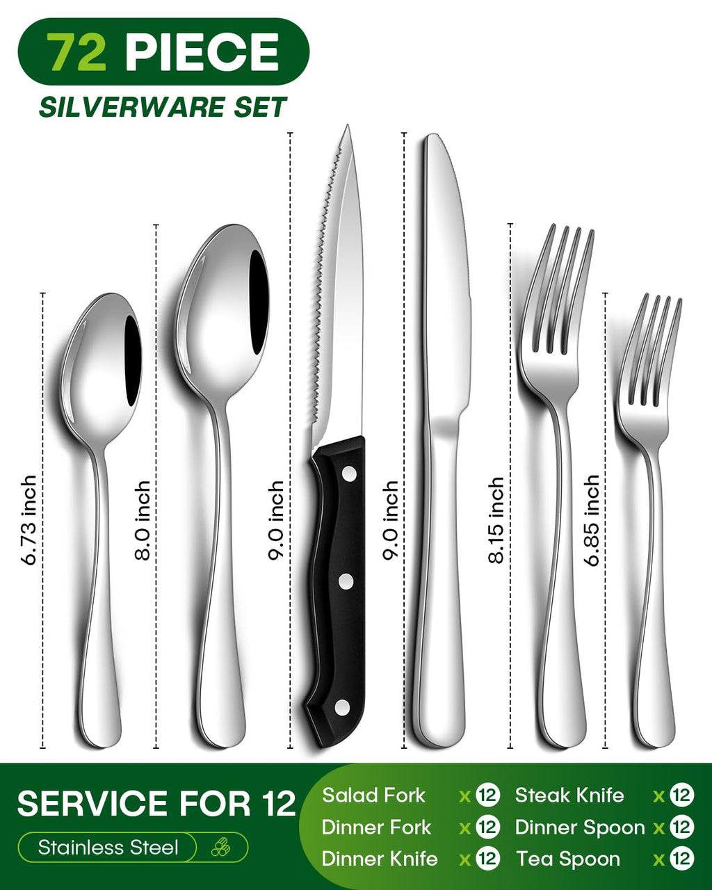 72 Pcs Silverware Set with Steak Knives Food-Grade Stainless Steel Flatware Set for 12 Mirror Cutlery Include Forks