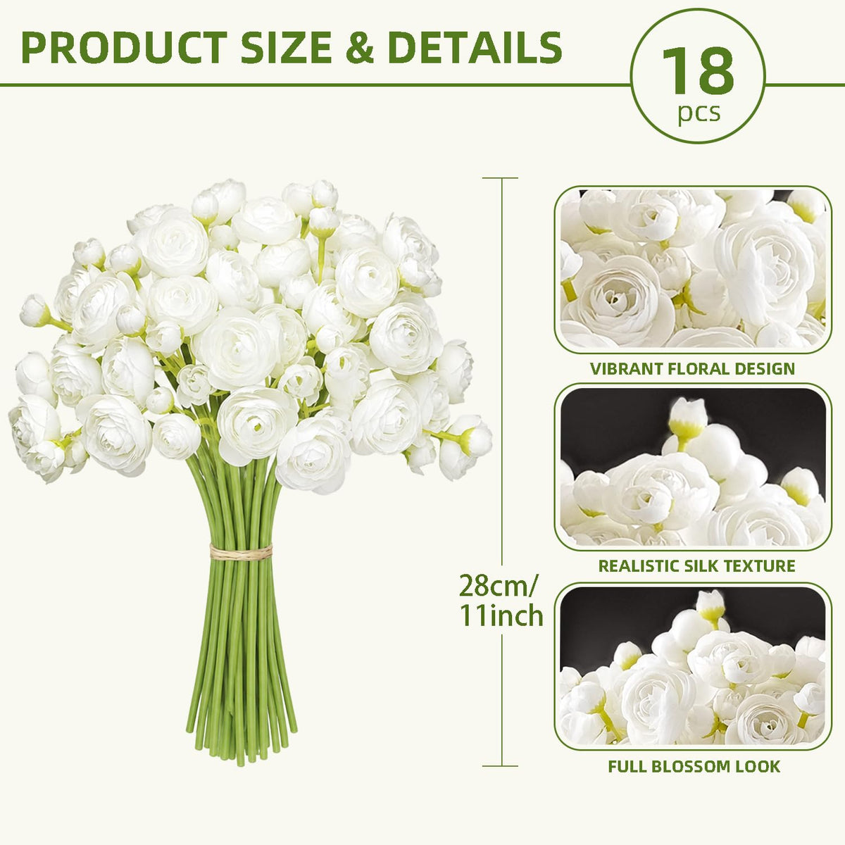 Ranunculus White Silk Flowers, 18 Pcs