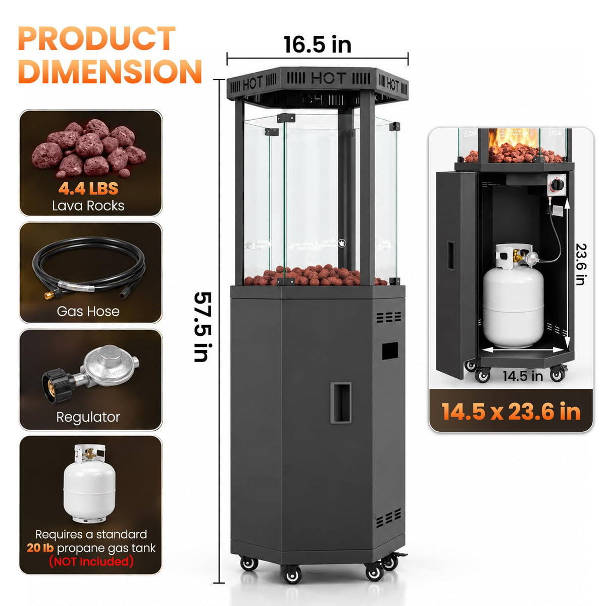 Outdoor Patio Heater, 41, 000 BTU Propane Glass Flame Tower with Wheels